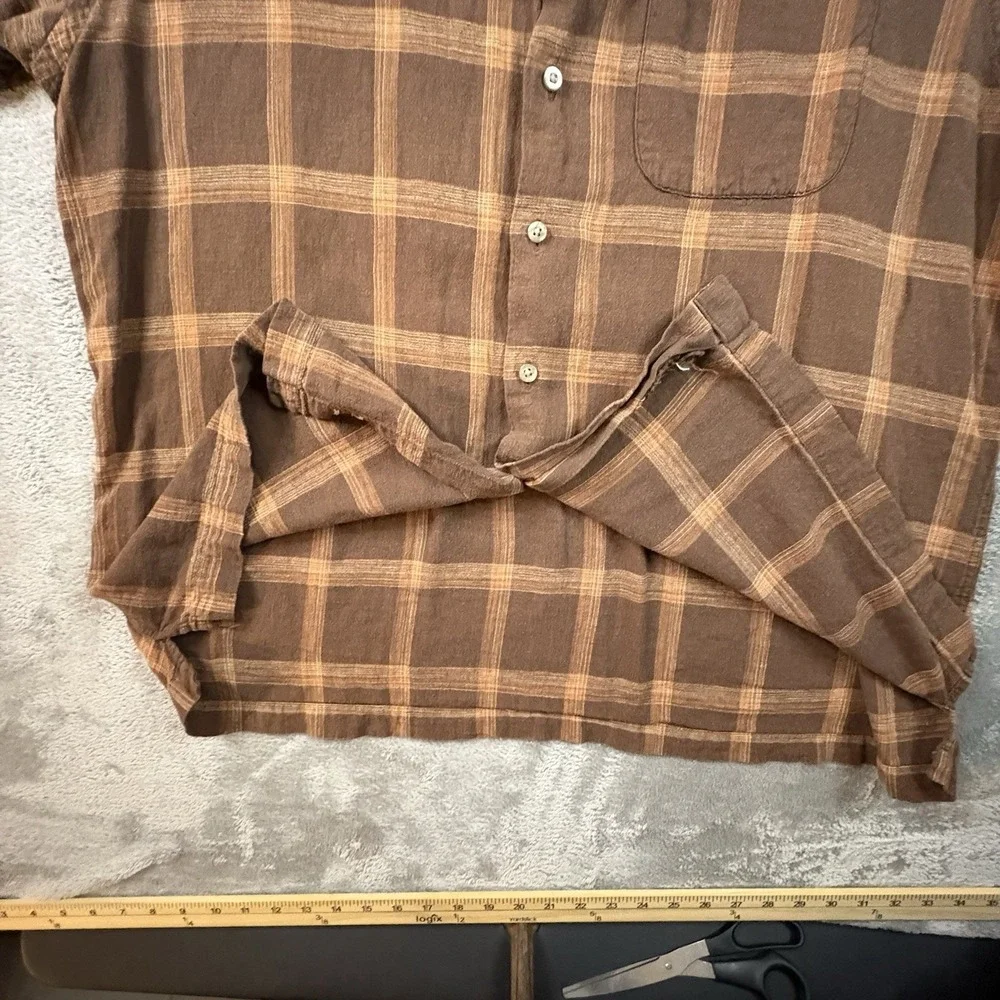 Van Heusen Men's XL Brown Plaid Linen Rayon SS Button Up Shirt SEE DESCRIPTION